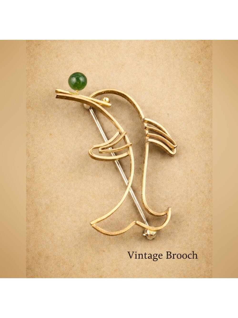 Krementz Gold Tone Dolphin Brooch Jade Ball Vintage